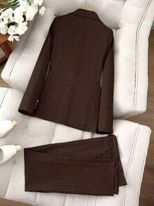Conjunto de 2 piezas de chaqueta de traje y pantalones de cuello alto de un solo botón, estilo casual de negocios, apto para todas las estaciones - Marrón 2 - Ver 2