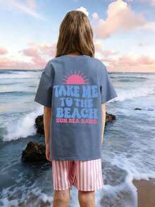 1 pieza de camiseta de manga corta azul claro con estampado para niñas, cómoda y a la moda, ideal para estudiantes y jóvenes en el verano, favorita de las niñas, adecuada para el ocio diario. - Neblina azul - Ver 3