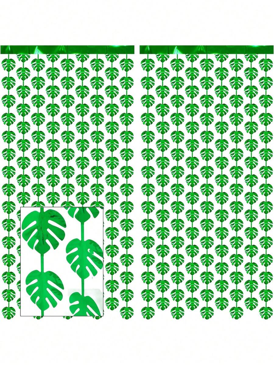 1/2片热带龟背竹叶箔帘背景 - 夏威夷草裙舞丛林派对拍照装饰，绿色棕榈叶飘带，适用于夏季生日、婴儿派对和热带主题派对墙面装饰
