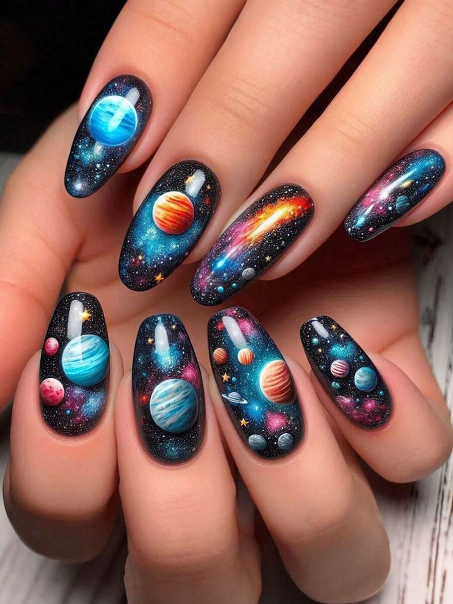24片装长款粘性按压式美甲贴片，时尚人造指甲，星空图案，光泽亮丽，适合女性和女孩使用。 - 彩色 - 查看 1