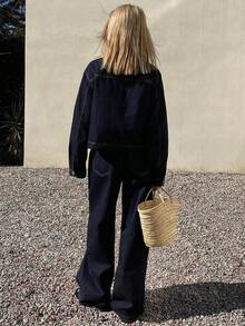 Conjunto de top corto holgado de cuello polo de algodón y pantalones vaqueros casuales para mujer - Azul 3 - Ver 2