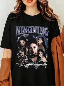 Ningning Aespa K-Pop Graphic T-Shirt Ning Yizhuo Vintage 90s Bootleg Print Streetwear Top, Ningning Aespa Graphic Shirt, Aespa Whiplash Album Shirt, Armageddon Album Shirt, Aespa World Tour Ningning, Karina, Giselle, Winter Sweater - Black - View 6