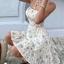 Women's Summer Holiday Ditsy Floral Print Ruffle Hem Spaghetti Strap Beach Dress,Bohemian Clothes Vacation Resort - Púrpura malva - Ver 5