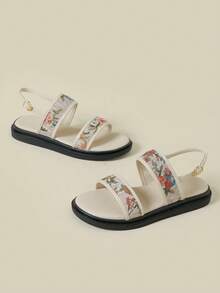 Women's Flat Sandals With Buckle Strap, Low Heel Thick Sole, Colorful Ditsy Floral, Bohemian Style, Retro V-Shaped Floral Pattern, Comfortable Summer New Wedge Low Heel Non-Slip Beach Sandals, Fashionable Outdoor Wear, 2026 Spring Autumn Asymmetrical Small Floral Breathable Fresh Elegant Dress Casual Sports Strap Criss-Cross Roman Shoes, Size 33-43 - Apricot - View 3