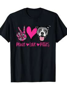 Women's Cotton T-Shirt, 220 Grams - Dog Print With Pink Hearts And Peace Symbol, Loose Fit, Round Neck, Short Sleeve, Machine Washable - Perfect Gift For Dog Lovers, For Spring And Autumn, Casual Style T-Shirt, Comfortable Fabric, Durable Material. - Black - View 6