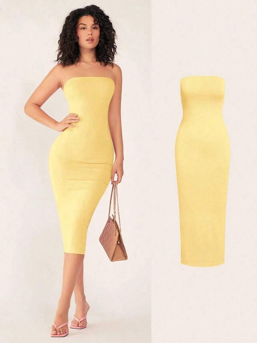 Vestido casual de cena ajustado sin tirantes y de silueta ceñida para mujer - Amarillo - Ver 1