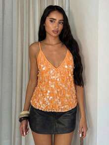 Camiseta de tirantes con lentejuelas en degradado naranja brillante - Naranja - Ver 6