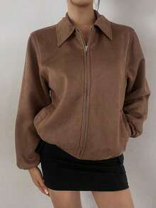 -Less Chaqueta de piel de imitación con bolsillos en ángulo, ropa de mujer de otoño - Marrón 2 - Ver 8