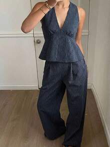 Conjunto de 2 piezas de top de tirantes finos a rayas y pantalones casuales para mujer, conjunto de ropa de estar en casa de verano - Azul marino 7 - Ver 4