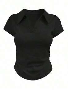 Camiseta casual de mujer con cuello polo, manga corta y estampado de corazones en color contrastante - Burdeos - Ver 3