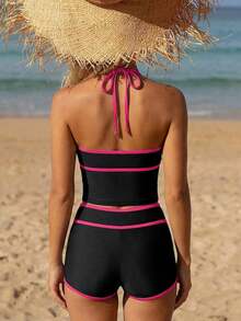 Bikini de 2 piezas con tiras de espagueti, copa triangular y shorts de cintura alta en contraste de azul y albaricoque, estilo dulce para mujer, Primavera/Verano 2026 - Negro - Ver 2