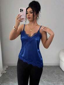Camiseta de mujer elegante con parches de encaje y lunares - Azul - Ver 7