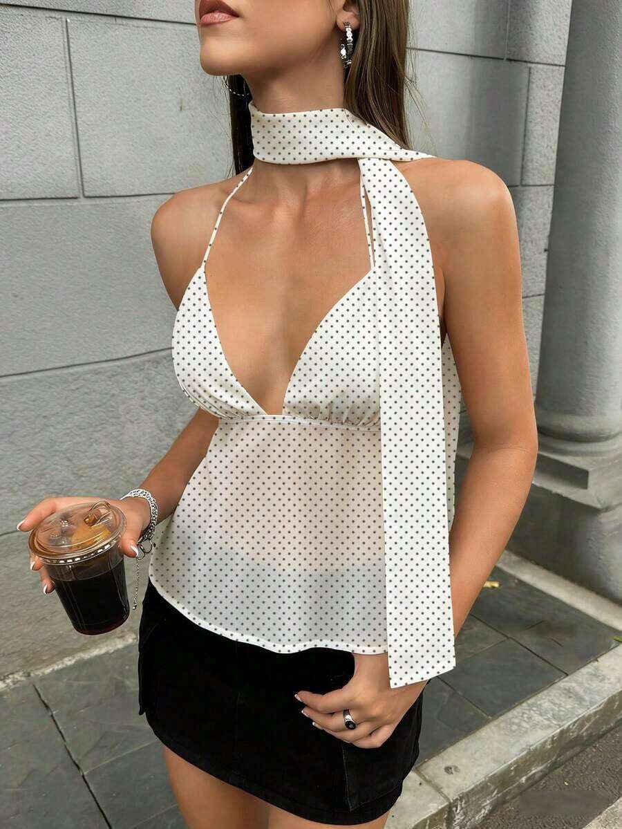 1 pieza Camiseta de tirantes elegante de verano para mujer con estampado de lunares, adecuada para citas y blusas gráficas para mujer - Albaricoque - Ver 1