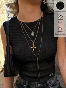 Camiseta de tirantes ajustada y versátil con textura, nueva colección de verano para mujer - Negro - Ver 6