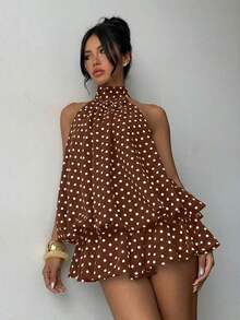Vestido mini elegante de mujer con estampado de lunares y escote halter sin espalda - Marrón - Ver 4