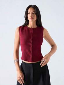 Blusa sin mangas casual con textura de un solo color y botones delanteros - Burdeos - Ver 6