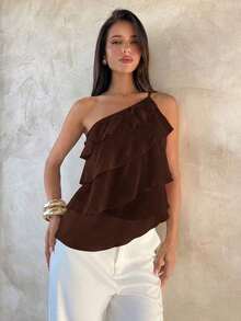 Nueva blusa elegante y romántica de primavera/verano para citas, Día de San Valentín, temporada de bodas, de gasa rosa con un hombro, espalda descubierta, volantes en capas, blusa sexy con volantes para la playa, atuendo de boda, camisa rosa elegan - Marrón - Ver 4