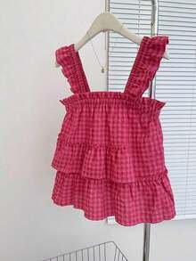 Blusa linda con volantes a cuadros para mujer - Rosa Fucsia - Ver 3