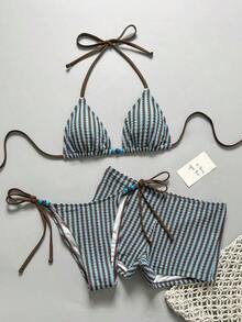 Conjunto de traje de baño de verano para mujer, elegante, romántico, casual, dulce, lindo y sexy.Conjunto básico y versátil de top de bikini halter con estampado floral azul y blanco, Bottom triangular y shorts, apto para playa, resort, spa, lun - Multicolor 6 - Ver 2