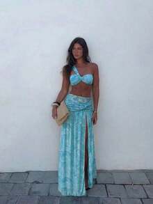 Conjunto de traje de baño de 3 piezas para mujer, con camiseta sin mangas de estilo casual y elegante con estampado de lunares en blanco y negro, bikini con tanga y volantes con lazo y abertura alta, esencial para la playa, vacaciones y fiestas - Azul - Ver 6