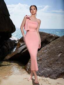 Vestido de cóctel ADYCE de un hombro, unicolor, con lazo decorativo, escote strapless, abertura en la espalda y hasta la rodilla, blanco, elegante y semiformal para bodas, cumpleaños, graduación, cena o eventos - Rosa - Ver 7