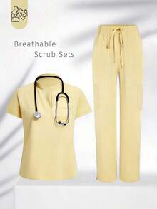 Conjunto de uniforme azul marino para mujer, hecho de tela de alta calidad y transpirable, adecuado para deportes, enfermería y trabajo, con bolsillos, perneras acampanadas, conjunto de uniforme de moda, adecuado para clínicas dentales, conjunto de unifor - Amarillo - Ver 3