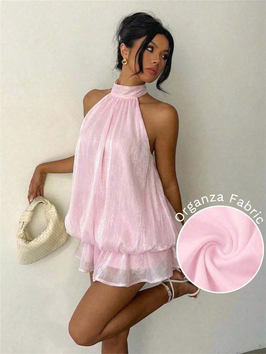 Vestido mini elegante de mujer con estampado de lunares y escote halter sin espalda - Rosa Pálido - Ver 1