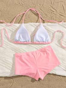 Traje de baño con estampado floral de moda: Top de bikini tipo camiseta con estampado de loto negro + Bottom de traje de baño de talle alto - Conjunto de traje de baño elegante y cómodo para vacaciones de verano, playa y uso en resort en color rojo - Rosa - Ver 3