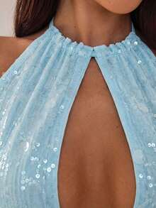 Nuevo camisol de tirantes finos con espalda descubierta y lentejuelas rosas para mujer, elegante y sexy, ideal para el Día de San Valentín, fiestas y viajes - Celeste - Ver 7