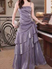 Vestido de fiesta elegante y distintivo de mujer, vestido de noche formal vintage, ajustado con tirantes finos, adecuado para cumpleaños, bodas, invitados, bailes de graduación, vacaciones de primavera en la playa - Morado - Ver 9
