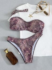 Set de 2 piezas Bikini bandeau con estampado floral rosa para mujer, con tirantes desmontables adecuado para vacaciones en la isla y sesiones de fotos en la playa en verano - Multicolor 18 - Ver 7