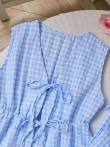 Nuevo conjunto de verano europeo y americano de dos piezas, pantalones rectos de pierna recta con cordones lisos y a rayas en rosa, estilo versátil de calle para mujeres - Azul 2 - Ver 4