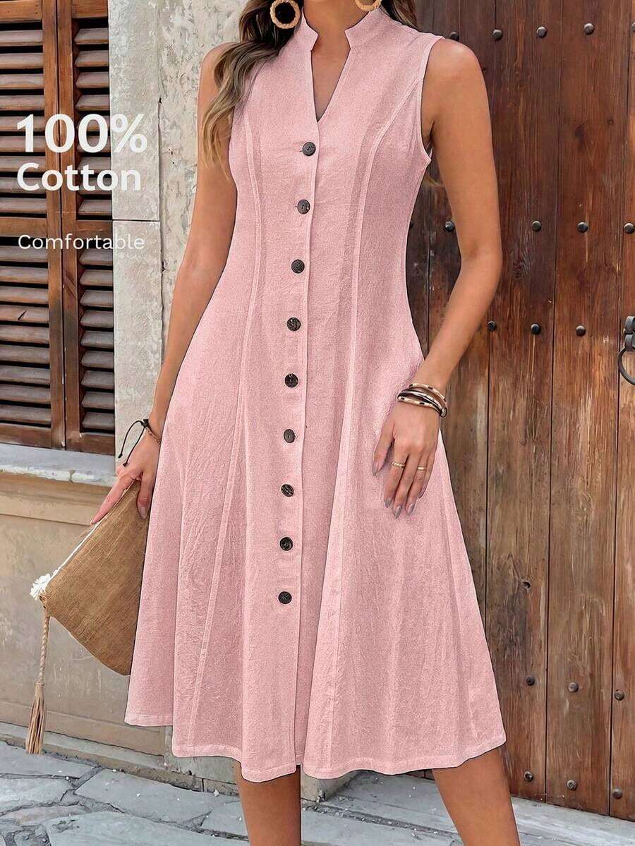 Faunlyn Vestido de mujer de manga corta con cuello redondo y estampado geométrico para el verano - Rosa Pálido - Ver 1