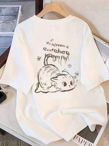Women's Modern, Casual T-Shirt, Perfect For Parties And Lounging At Home. 100% Cotton, Loose Fit. Designer Short-Sleeve T-Shirt For Women,  Summer Cartoon Print Short-Sleeve Tee, Sheer Loose Fit. #3333 100% Cotton - 白色 - 查看 1