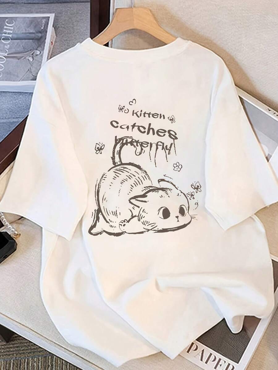 Women's Modern, Casual T-Shirt, Perfect For Parties And Lounging At Home. 100% Cotton, Loose Fit. Designer Short-Sleeve T-Shirt For Women, Summer Cartoon Print Short-Sleeve Tee, Sheer Loose Fit. #3333 100% Cotton - 白色 - 查看 1