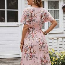 Women's Floral Print Ruffle Sleeve Waist Dress - Azul - Ver 3