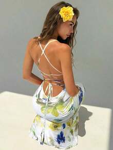 Vestido con estampado floral elegante y espalda descubierta para mujer - Blanco 2 - Ver 8