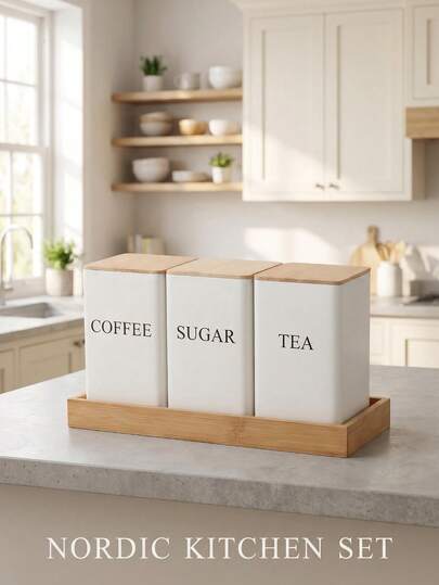 1pc/3pcs Airtight Bamboo Lid Storage Jar (Black/White) - Sealed Coffee/Tea/Sugar Canister (Tray Optional, Essential Kitchen Cabinet Storage)