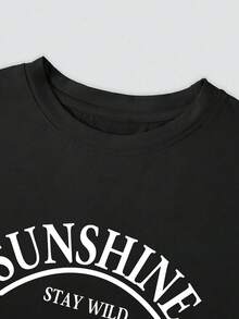 Women's Casual Short Sleeve T-Shirt - "Sunshine" Graphic Print, Loose Fit, Crew Neck, Medium Stretch, All-Season Comfort, Black With White Lettering, Perfect For Casual Outfits, Everyday Wear T-Shirt | Loose Fit Shirt | Medium Stretch Fabric Y2k T-Shirt - 黑色 - 查看 3