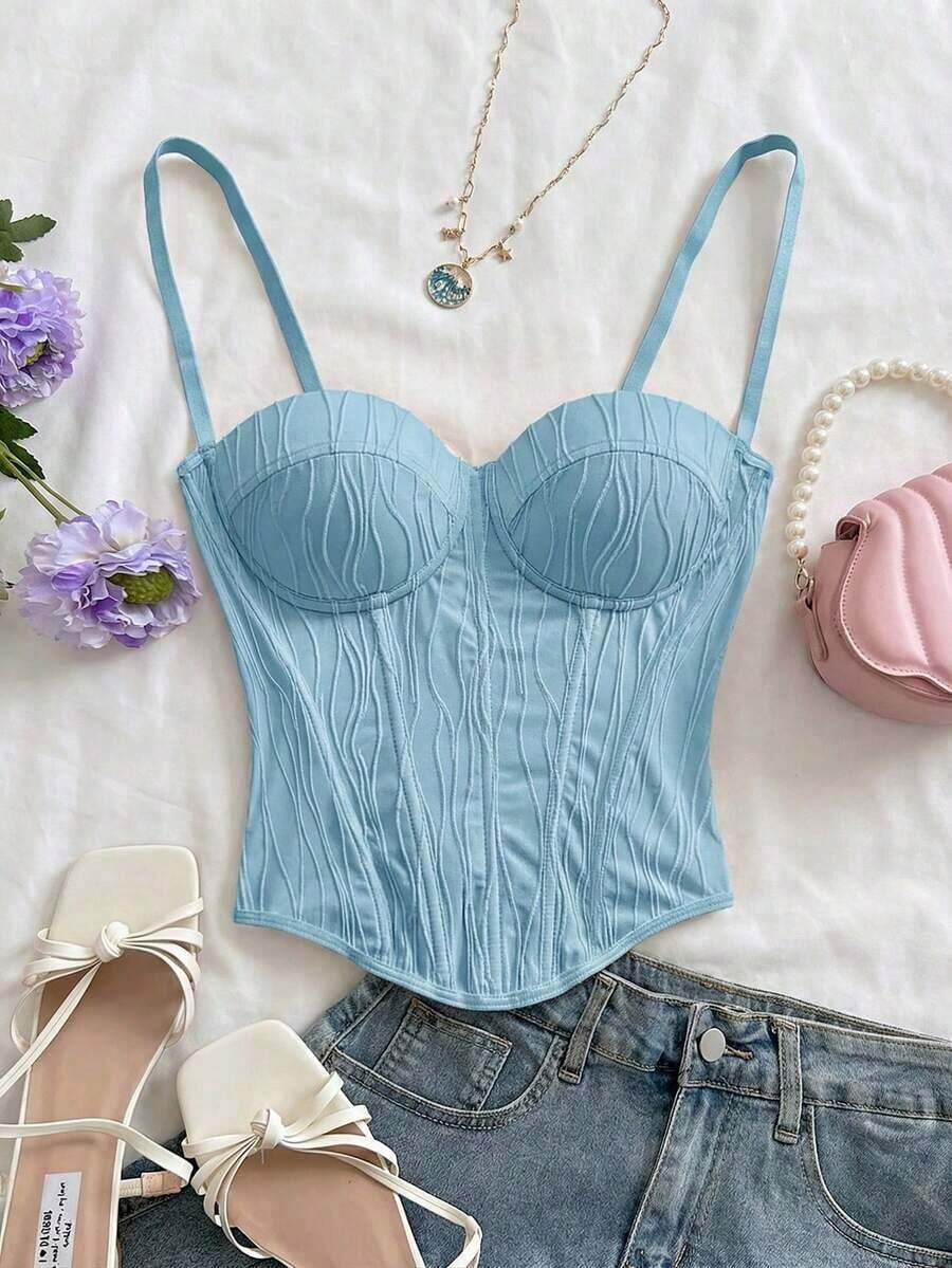 Top corto de punto con textura de ola de vacaciones para mujer, sexy para la playa, citas, festivales de música - Azul - Ver 1