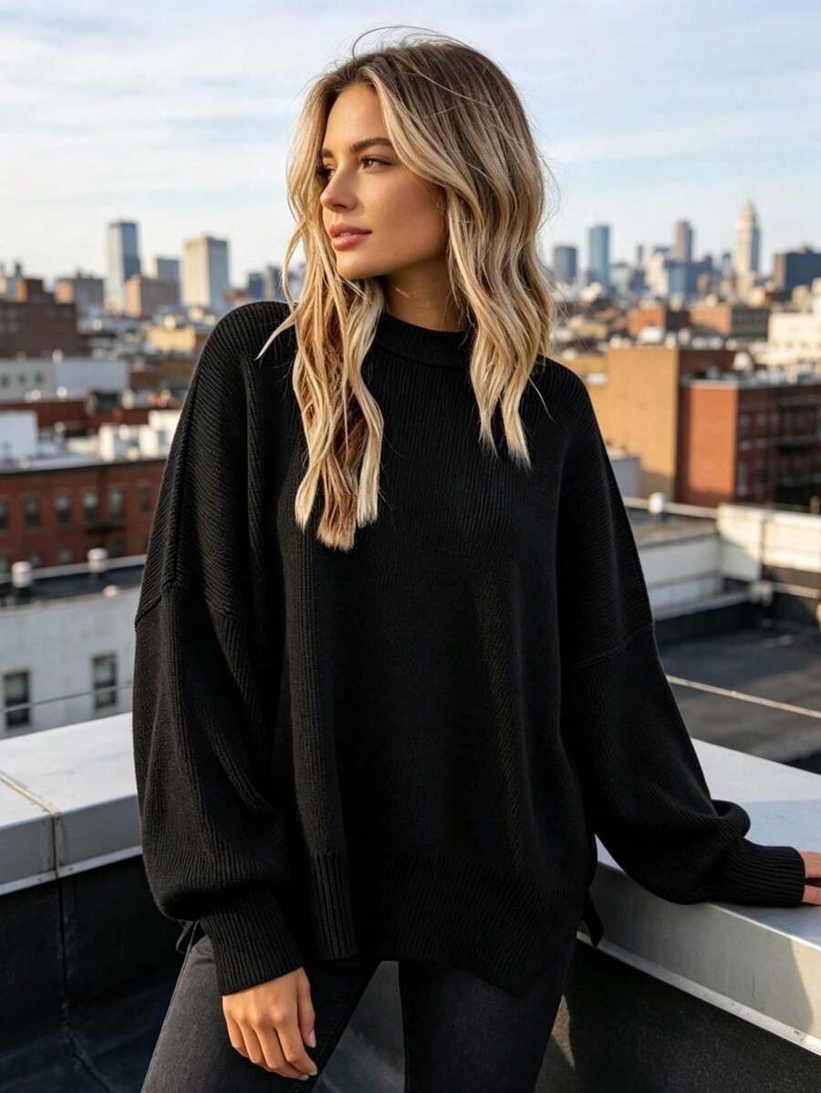 Women's Ribbed Knit Sweater With Long Sleeves And Crew Neck - Winter - Black - View 1