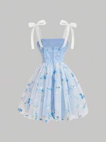 MOD Vestido sencillo de uso diario para mujer con decoración de malla y adornos bordados, vestido bohemio casual para dama con contraste de malla, bordado, tirantes anudados, ajuste regular, vestido corto con mariposa azul, colorblock, floral, plantas, camiseta, vestidos cortos de mujer, primavera/verano, uso casual diario - Azul - Ver 2