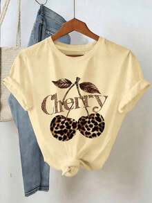Conjunto de 2 piezas de camiseta con estampado de leopardo y cereza + shorts a rayas para mujer - Multicolor 2 - Ver 5