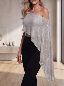 Áo khoác cardigan nữ kiểu dáng bất đối xứng, mỏng nhẹ, chất liệu dệt kim, thích hợp cho kỳ nghỉ, tiệc tùng, dạo phố, đi làm, đi biển, mùa xuân/hè. - Bạc - Xem 2