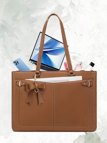 Lightweight 15.6 Inch Laptop Tote Bag For Women, Multi-Pocket Waterproof PU Leather Work Shoulder Bag With Detachable Bow Charm - Multicolor - View 10