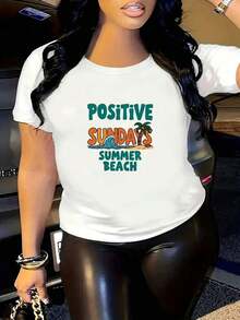LooseCamiseta ajustada de talla grande, estilo resort con estampado de texto "POSITIVE SUNDAYS SUMMER BEACH", camiseta blanca de manga corta y cuello redondo para mujer - lavable a máquina, adecuada para primavera, verano y otoño, ajuste cómodo, diseño elegante, versátil y duradera para uso diario, tela suave, estilo moderno, estiliza y favorece al usarla en exteriores, sencilla y elegante al usarla en interiores, camiseta básica casual para uso diario talla grande. Camiseta de algodón para mujer, transpirable y absorbente de sudor, de manga corta para verano - Blanco - Ver 7