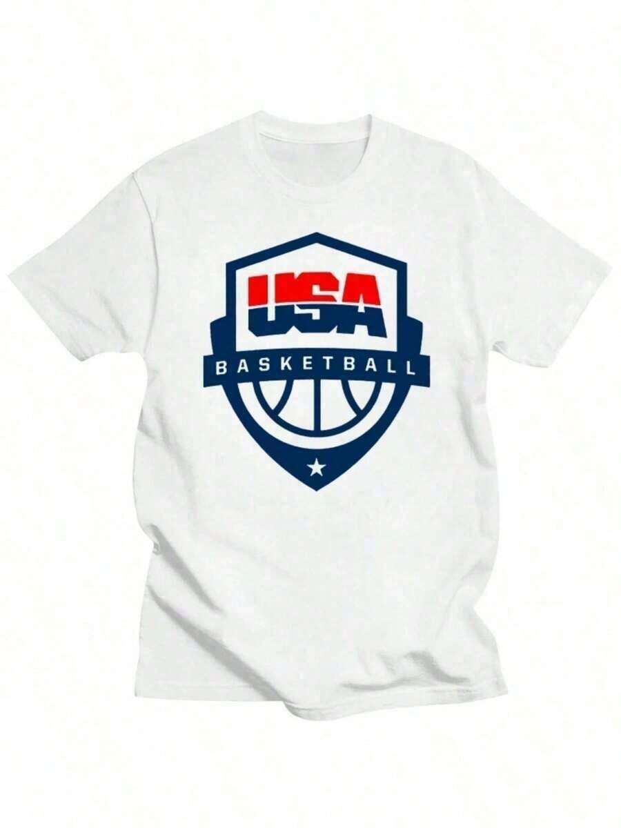 1 Piece Of USA Basketball Jersey, White Round Neck T-Shirt, Casual Cotton T-Shirt For Daily Wear, Lightweight Summer T-Shirt, 180g 100% Cotton. - 白色 - 查看 1
