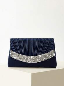 REMANLAND Bolso de mano tipo clutch mini plisado, elegante bolso de sobre de moda con adornos de strass brillantes para mujeres, adecuado para fiestas, bodas, eventos nocturnos y reuniones, ideal para fiestas, bodas, ceremonias de graduación y cenas formales, excelente opción de regalo, bolso de fiesta, suministros de boda - Azul Marino - Ver 2