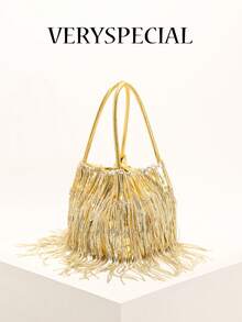 1pc Solid Color Sequin Shiny Metallic PVC Sequin Tassel Handbag, Versatile Tote Bag With Wing Design, Multi-Functional Fashion Bag Suitable For Romantic Wedding Season, Luxury Lady Party Atmosphere - Gold - View 10