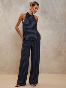 Conjunto de dos piezas elegante de rayas para vacaciones de mujer, primavera/verano - Azul marino - Ver 3